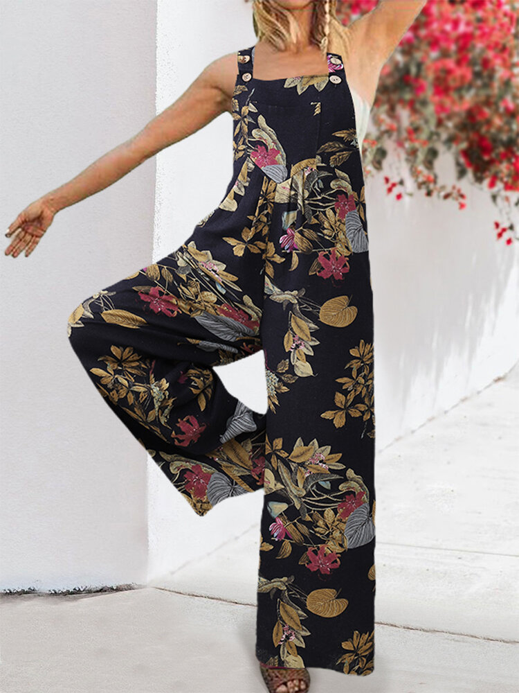
	Floral Print Wide-legged Pockets Straps Sleeveless Jumpsuits For Women