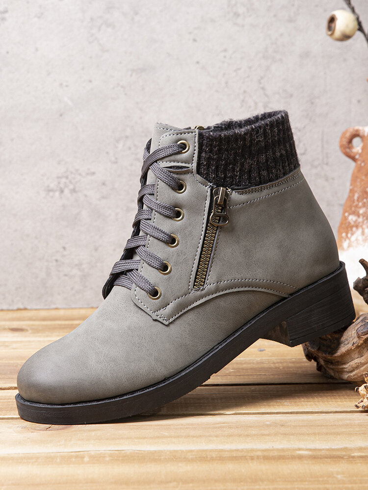 
	Large Size Women Stitching Knitted Fabric Round Toe Bilateral Zipper Warm Casual Short Boots