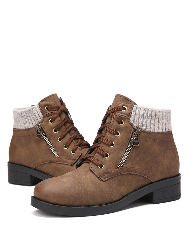 
	Large Size Women Stitching Knitted Fabric Round Toe Bilateral Zipper Warm Casual Short Boots