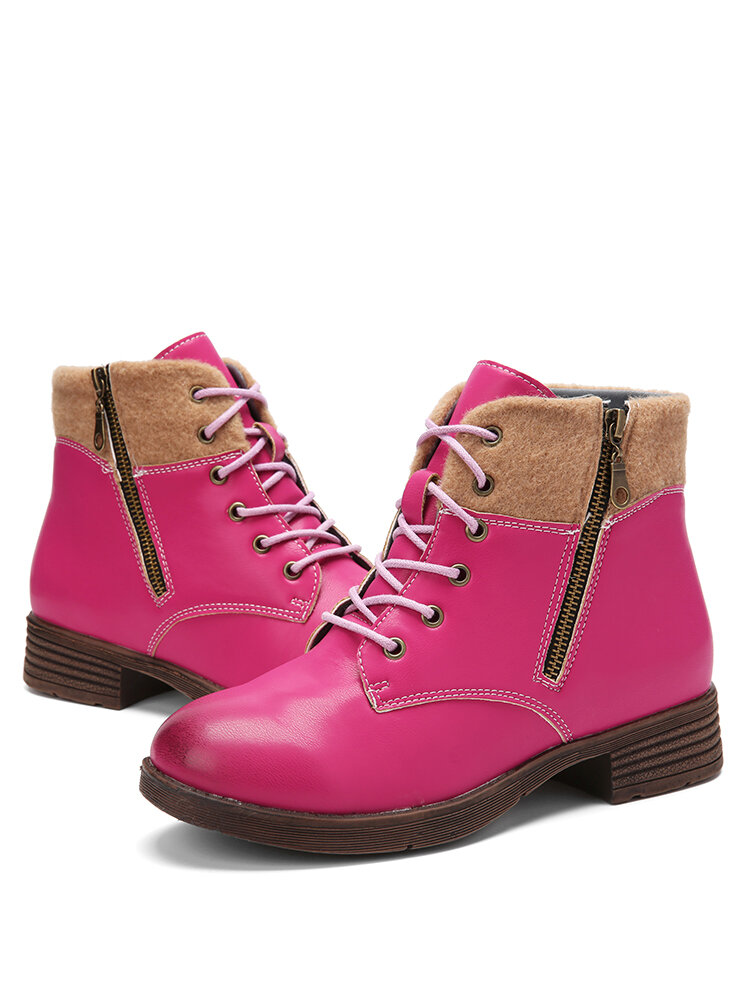 
	Women Retro Comfy Round Toe Stitching Side Zipper Casual Tooling Short Boots