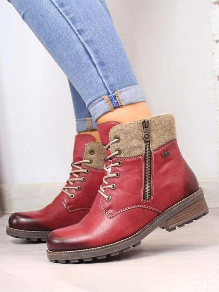 
	Women Retro Comfy Round Toe Stitching Side Zipper Casual Tooling Short Boots