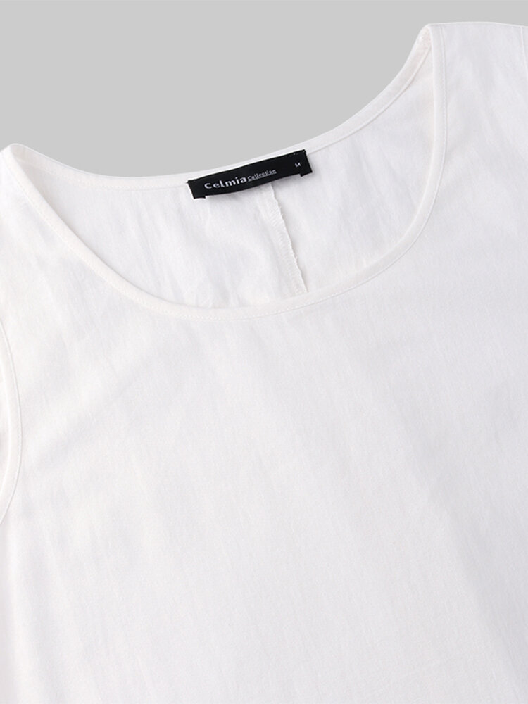 
	Casual Solid Color Ruffled Hem O-neck Pleated Long Maxi Tiered Dress