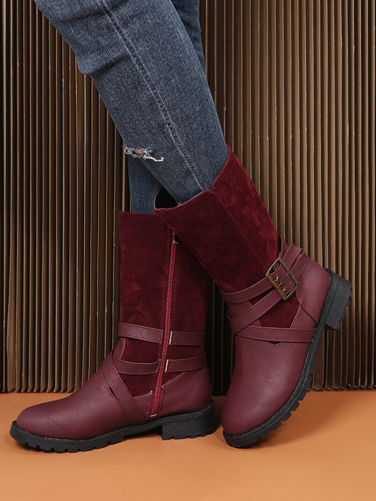 
	Large Size Women Buckle Design Side Zipper Casual Mid Calf Boots