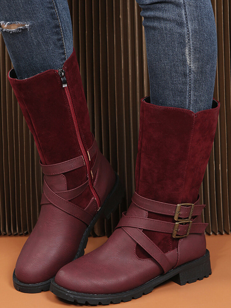 
	Large Size Women Buckle Design Side Zipper Casual Mid Calf Boots