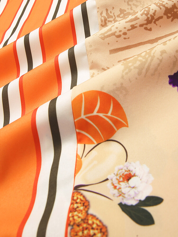 
	Men Landscape Painting Striped Patchwork Holiday Curved Hem Shirt