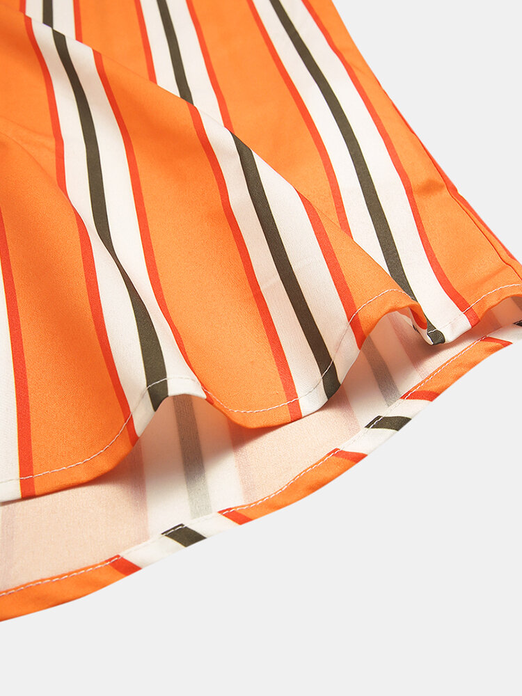 
	Men Landscape Painting Striped Patchwork Holiday Curved Hem Shirt