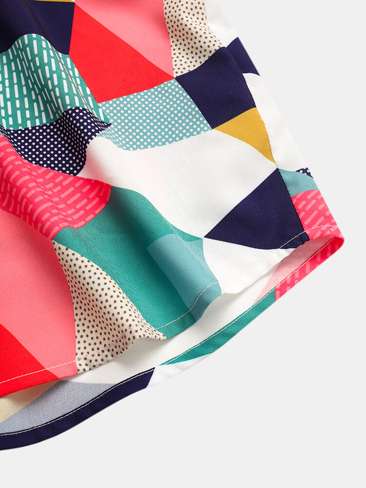 
	Designer Mens Colorful Mixed Colorblock Lapel Holiday Short Sleeve Hawaiian Shirts