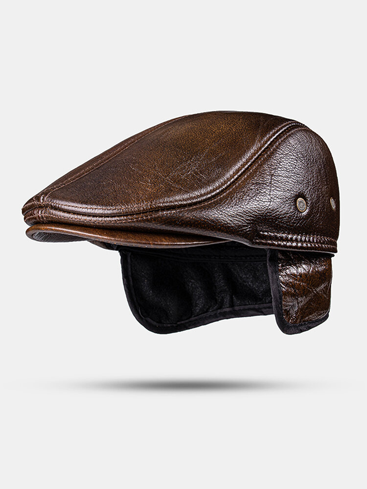 
	Men Genuine Leather Keep Warm Plus Thickness Cotton Windproof Ear Protection Forward Hat Beret Hatd Duck Tongue Hat