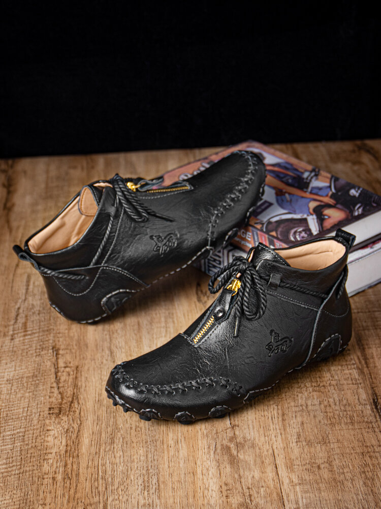 
	Men Cow Leather Front Zipper Non Slip Soft Hand Stitching Ankle Boots