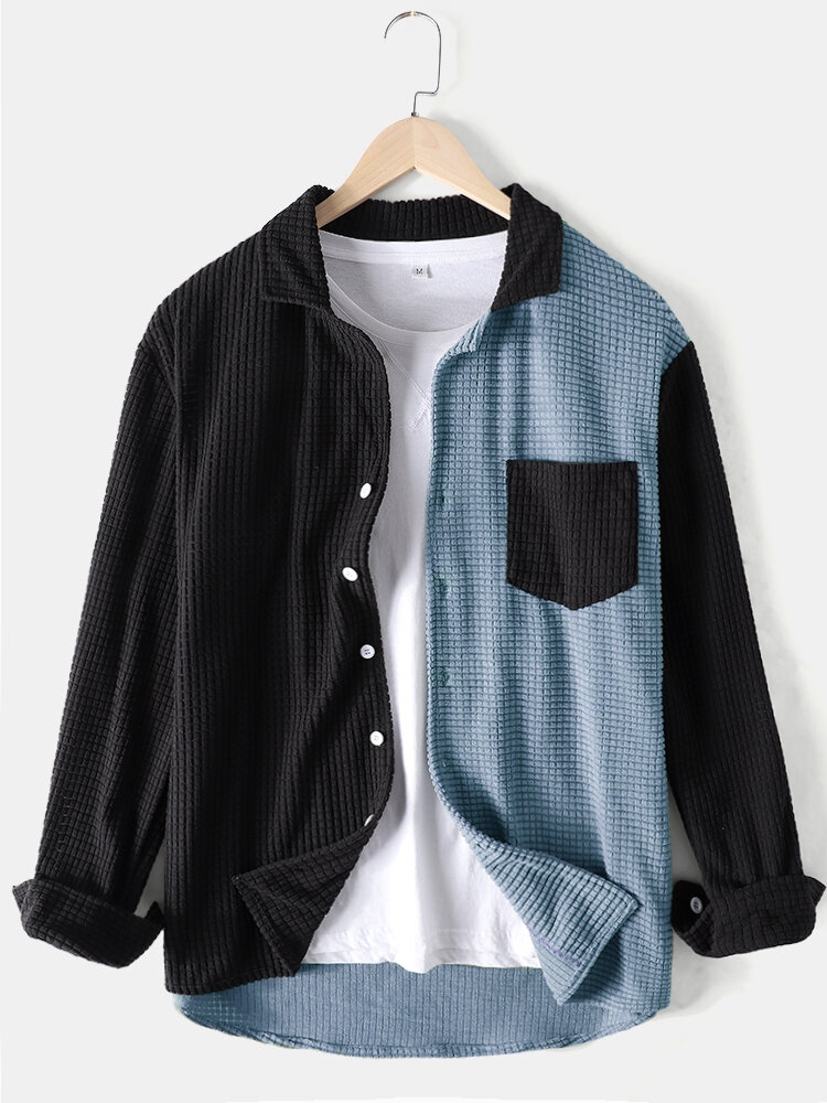 
	Mens Colorblock Patchwork Corduroy Lapel Long Sleeve Shirts With Pocket