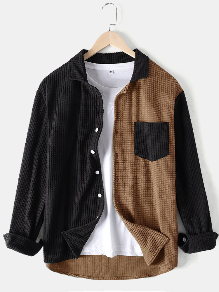 
	Mens Colorblock Patchwork Corduroy Lapel Long Sleeve Shirts With Pocket