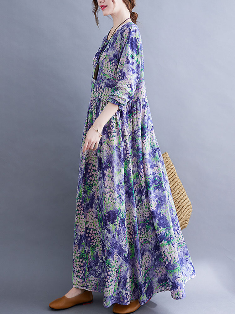 
	Floral Print Loose Long Sleeve O-neck Women Swing Dress