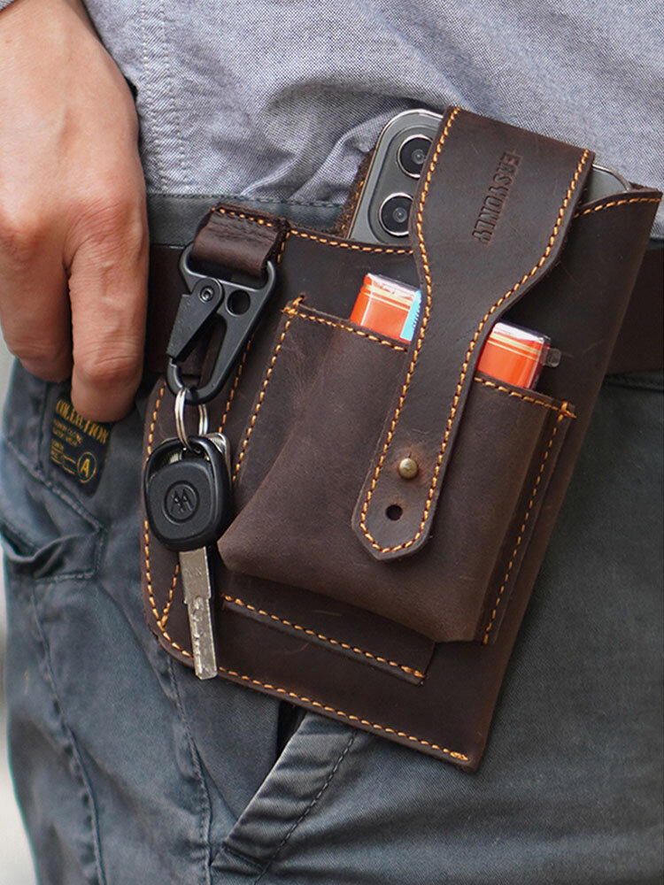 
	Men EDC Genuine Leather Keychain Holder 6.5 Inch Phone Bag Waist Bag Wallet