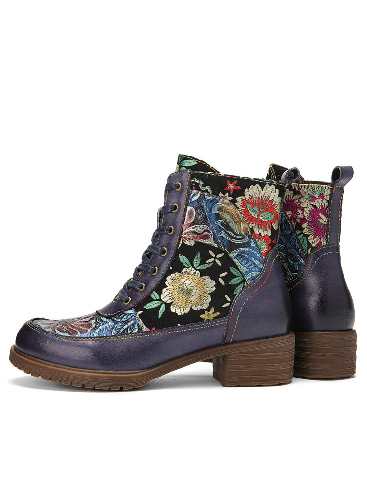
	Socofy Vintage Floral Embossed Embroidery Leather Side-zip Comfy Warm Lining Chunky Low Heel Short Boots