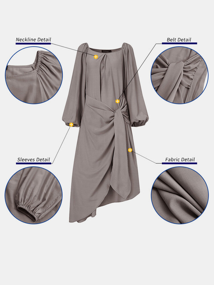 
	Solid Color Knotted Lantern Long Sleeve Casual Dress For Women