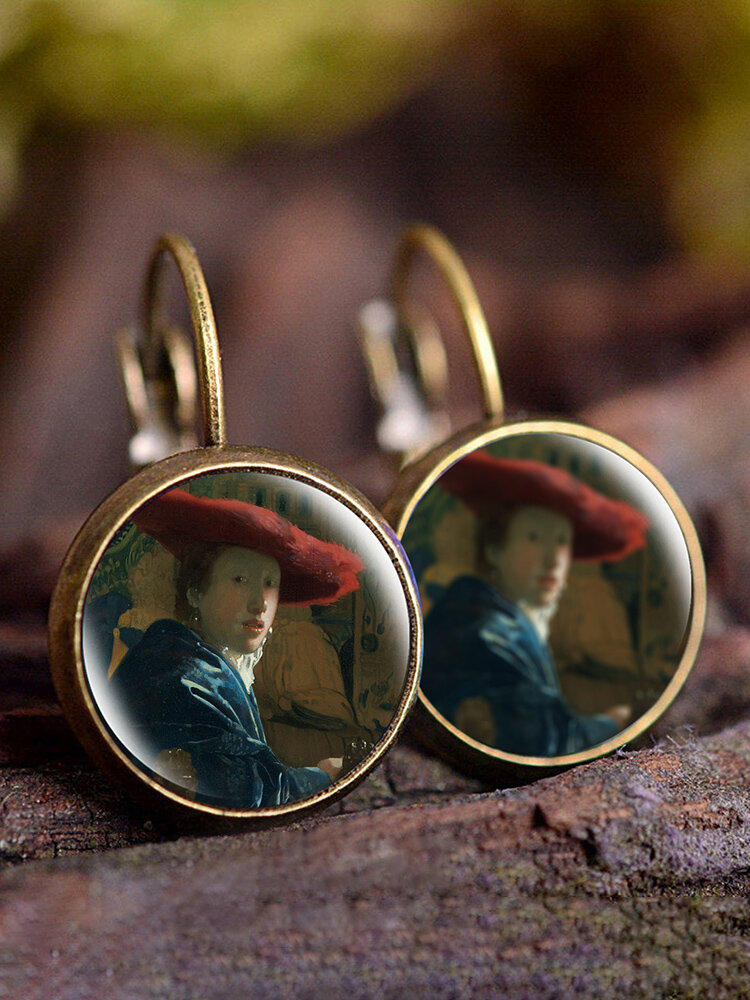 
	Vintage Glass Gemstone Dangle Earrings Famous Oil Printing Women Pendant Earrings