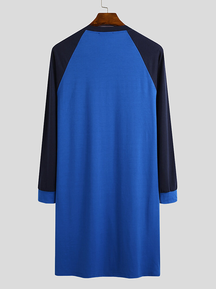 
	Men Home Loose Long Sleeve Loungewear Patchwork Knee-Length Shirt Design Sleep Robe