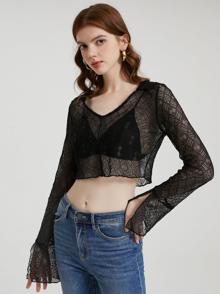 
	Crochet Lace See Through Flounce Sleeve V-neck Crop Top