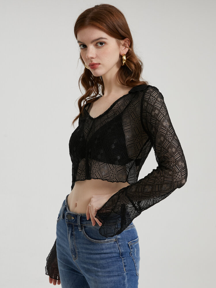 
	Crochet Lace See Through Flounce Sleeve V-neck Crop Top