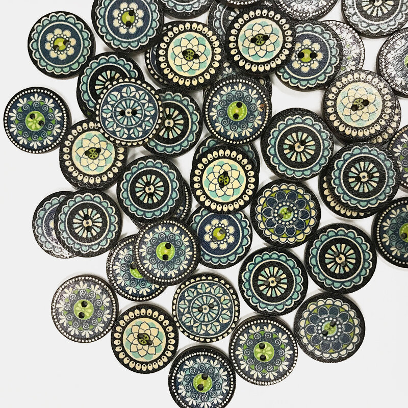 
	100 pcs Plain Pattern Wooden Round Button Blue Printed Minority Ethnic Style Pattern Decorative Buttons