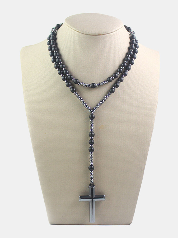 
	Vintage Natural Stone Men Necklace Cross Pendant Beaded Long Sweater Chain Jewelry Gift