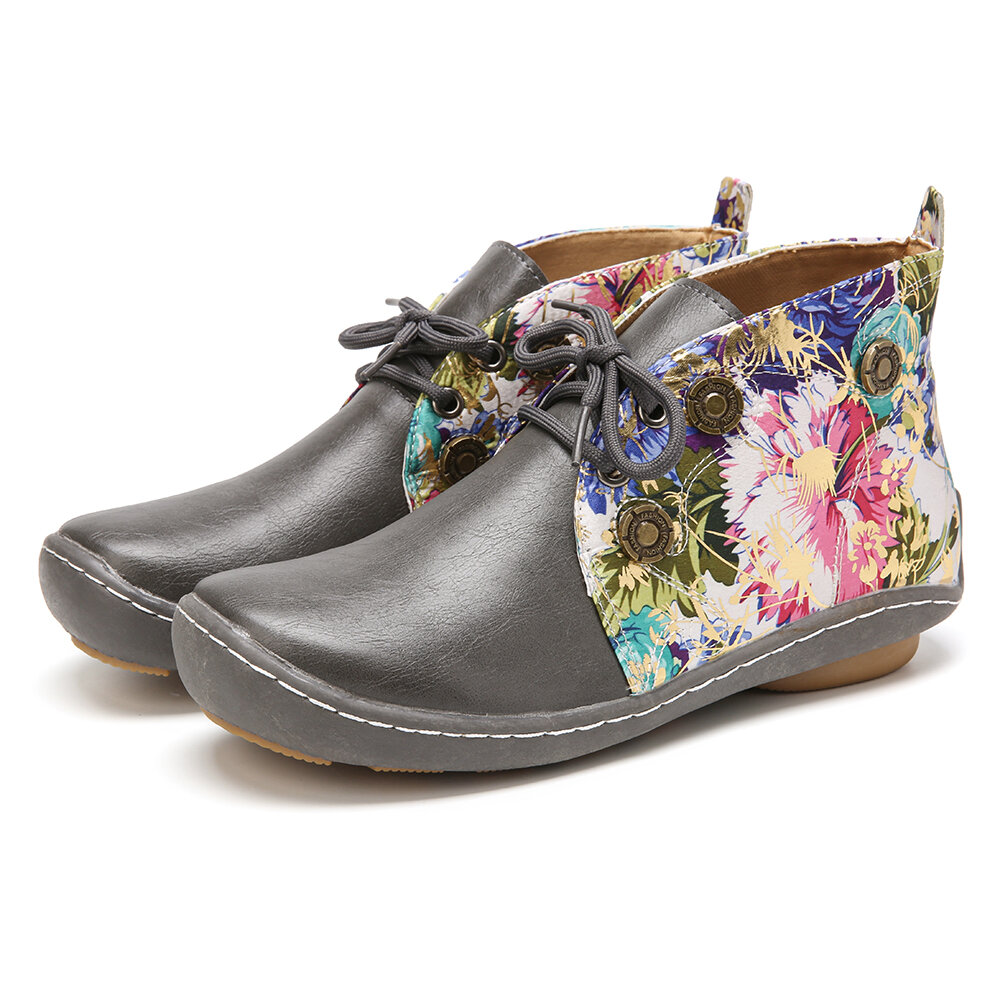 
	LOSTISY Flowers Pattern Splicing Solid Color Round Toe Comfy Lace-up Flat Ankle Boots