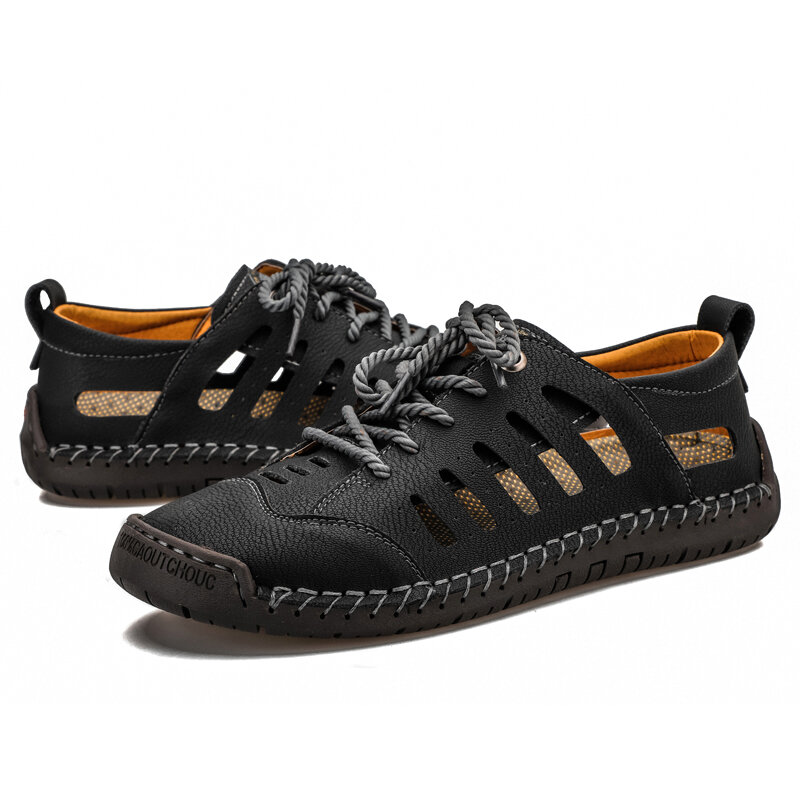 
	Men Closed Toe Hand Stitching Hole Leather Dress Sandals