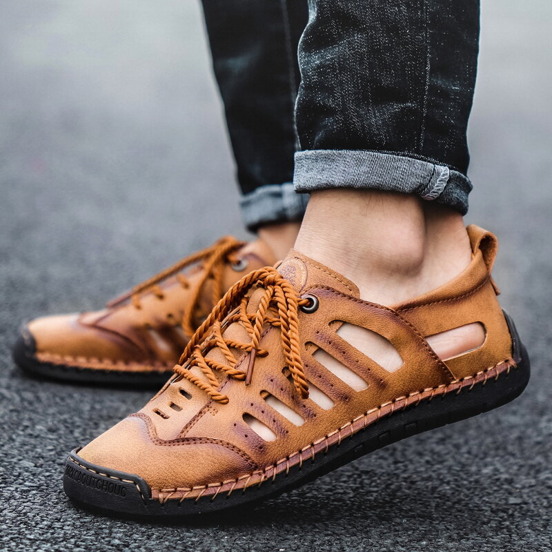 
	Men Closed Toe Hand Stitching Hole Leather Dress Sandals