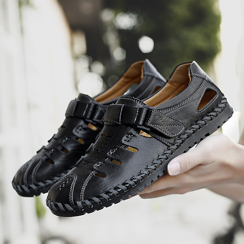 
	Men Hand Stitching Leather Non Slip Hook Loop Casual Sandals