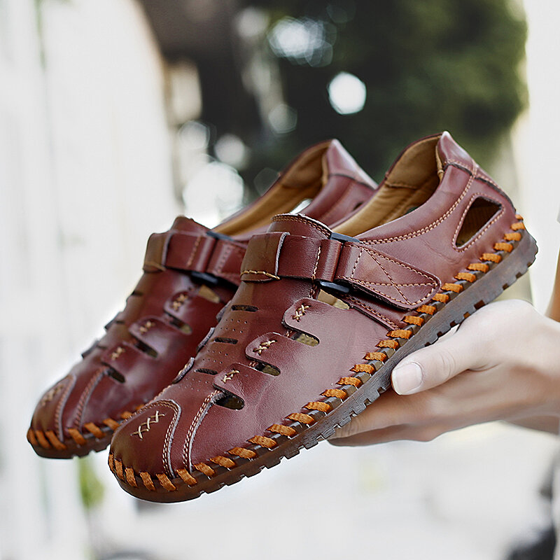 
	Men Hand Stitching Leather Non Slip Hook Loop Casual Sandals