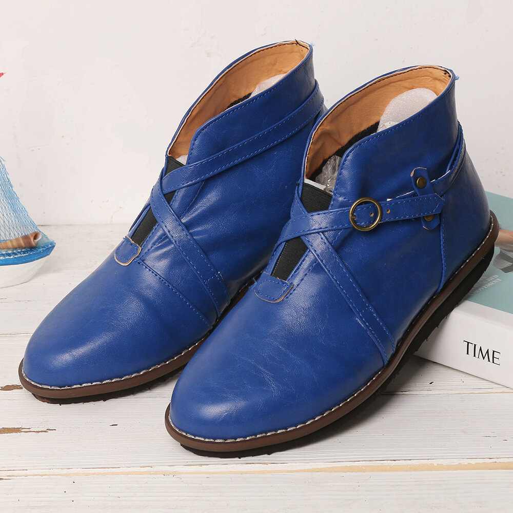 
	Large Size Women Comfy Leather Stitching Buckle Flat Ankle Boots