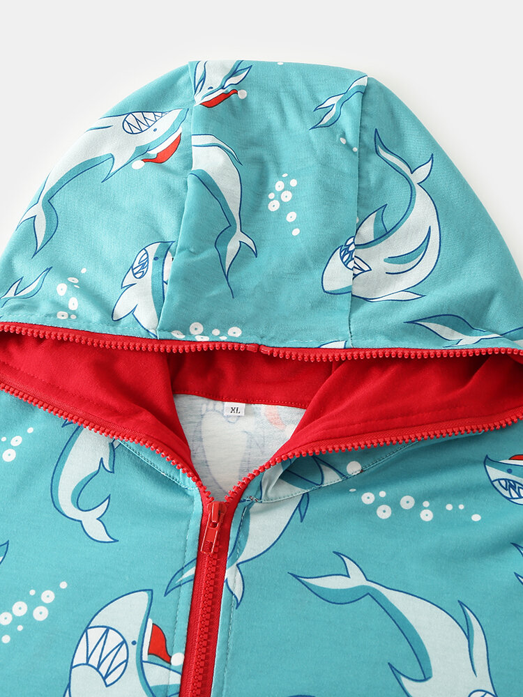 
	Shark Print Beam Footed Cozy Patchwork Cuffs Hooded Zipper Jumpsuits For Men