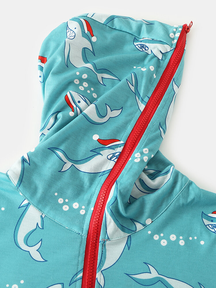 
	Shark Print Beam Footed Cozy Patchwork Cuffs Hooded Zipper Jumpsuits For Men