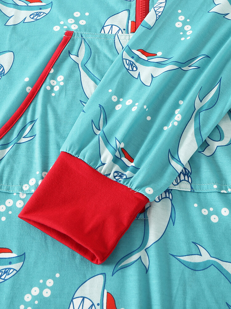 
	Shark Print Beam Footed Cozy Patchwork Cuffs Hooded Zipper Jumpsuits For Men