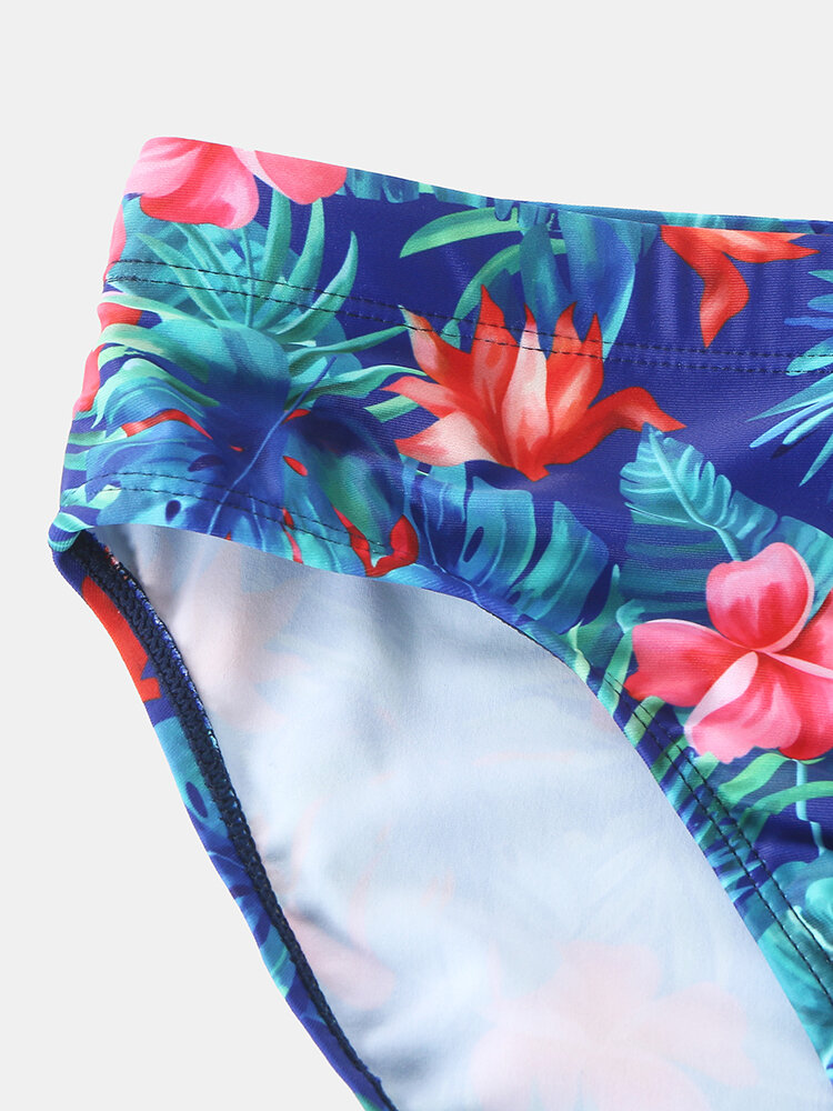 
	Mens Flower & Plant Leaf Print Quick Dry Drawstring Swim Briefs