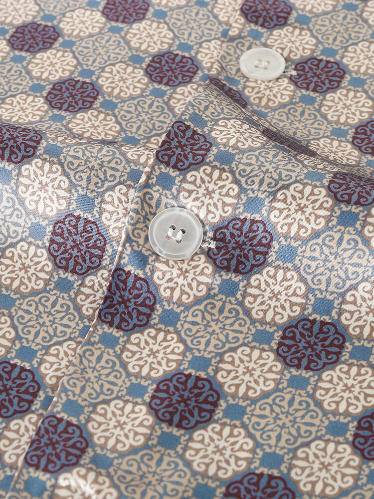 
	Geometric Faux&nbsp;Silk Home Loungewear Sets Two Pieces Long Sleeve Shirt Outfits For Men