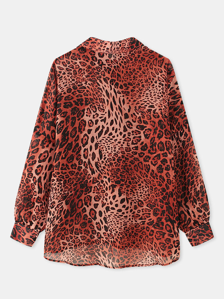 
	Leopard Print Lapel Long Sleeve Button Loose Blouse For Women