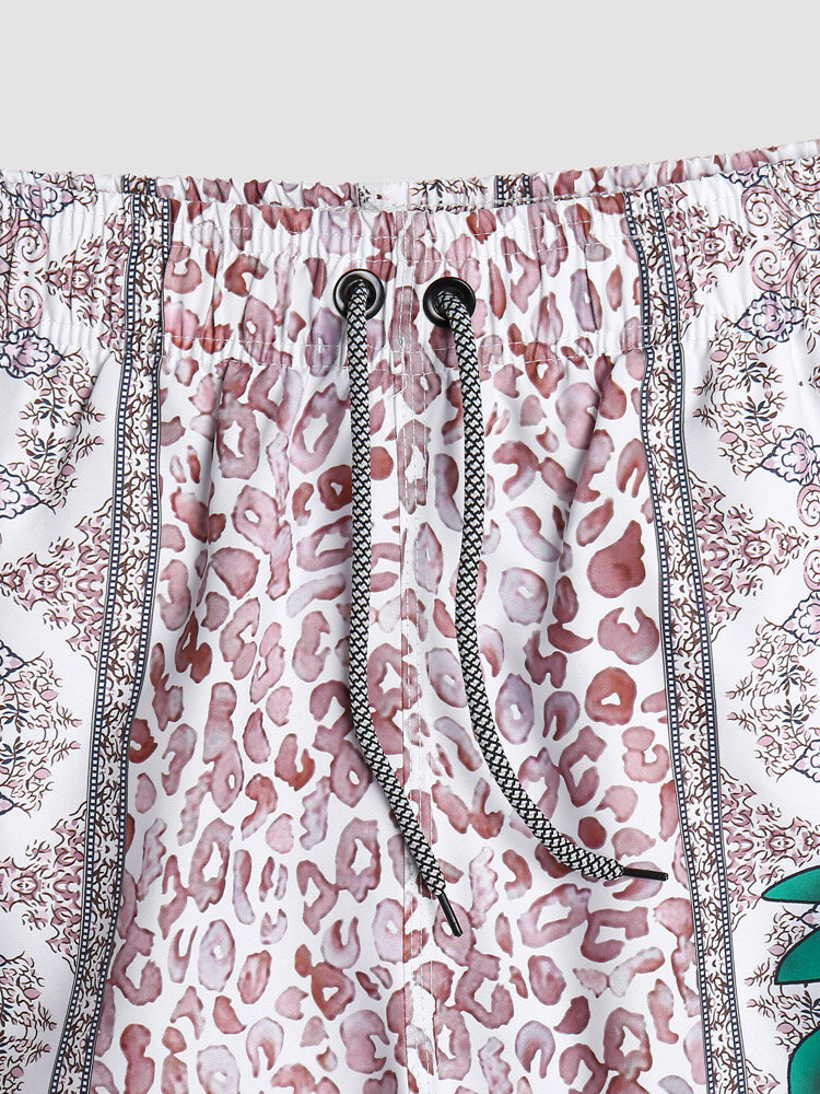 
	Men Scarf Print Patchwork Quick Dry Elastic Waist Board Shorts With Liner