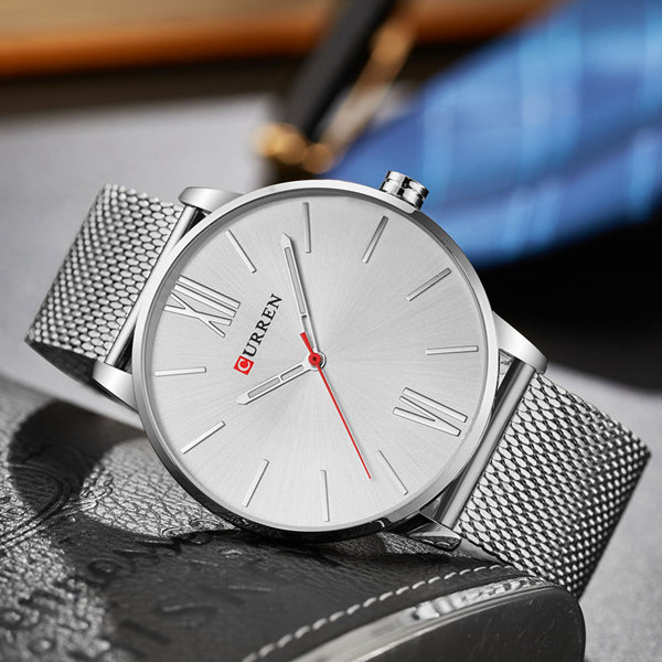 
	CURREN Luxury Mens Watch Fashion Casual Ultra Thin Waterproof Stainless Steel Silver Watch for Men