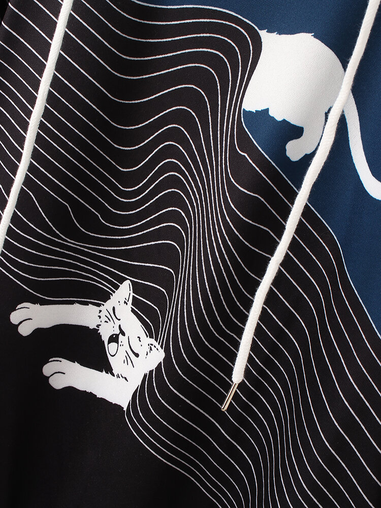 
	Contrast Color Cat Striped Print Drawstring Long Sleeve Casual Hoodie