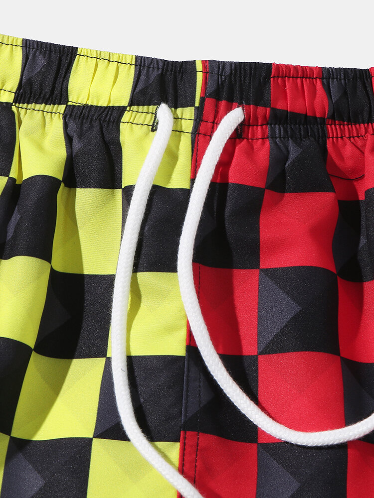 
	Mens Two Tone Checkered Patchwork Mesh Lined Breathable Drawstring Swim Trunks