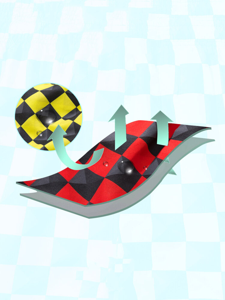 
	Mens Two Tone Checkered Patchwork Mesh Lined Breathable Drawstring Swim Trunks