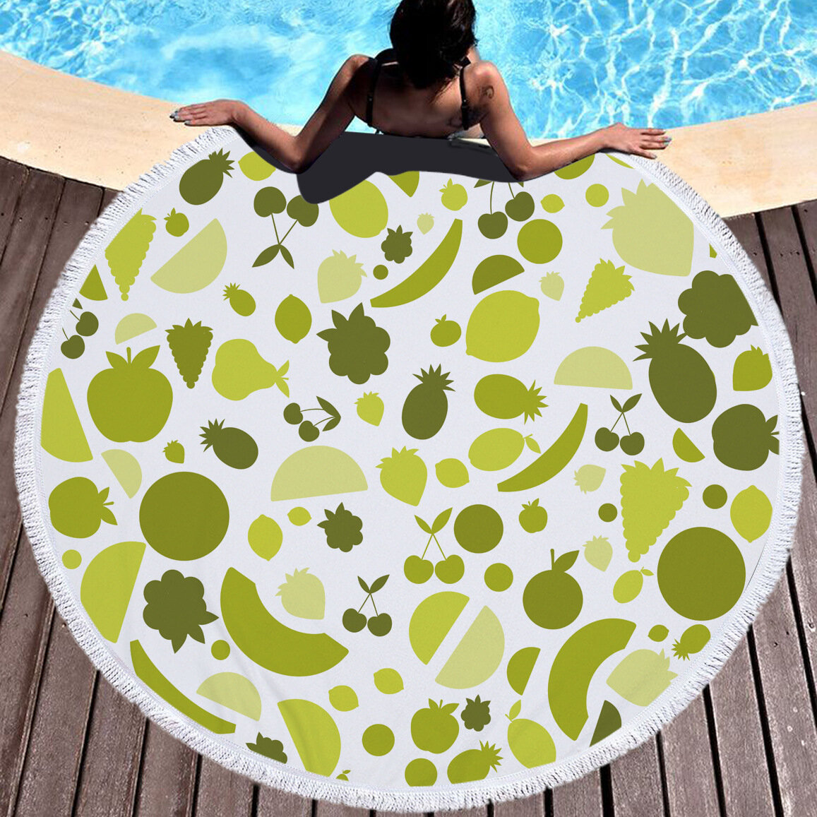 
	Fresh Fruits Round Beach Towel Blanket Hawaii Hawaiian Tropical Large Microfiber Terry Beach Roundie Palm Circle Picnic Carpet Yoga Mat with Fringe
