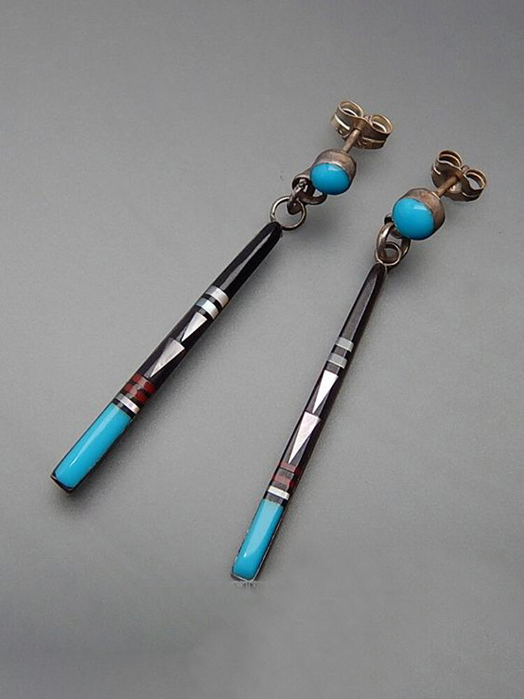 
	Vintage Colored Turquoise Earrings Metal Geometric Vertical Bar Earrings