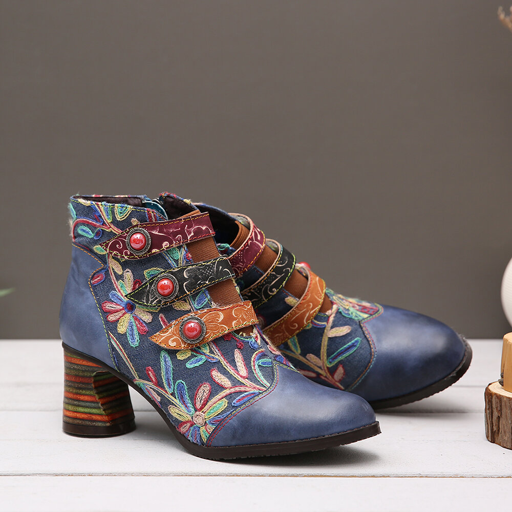 
	SOCOFY Flowers Embroidery Splicing Genuine Leather Wearable Sole Chunky Heel Ankle Boots