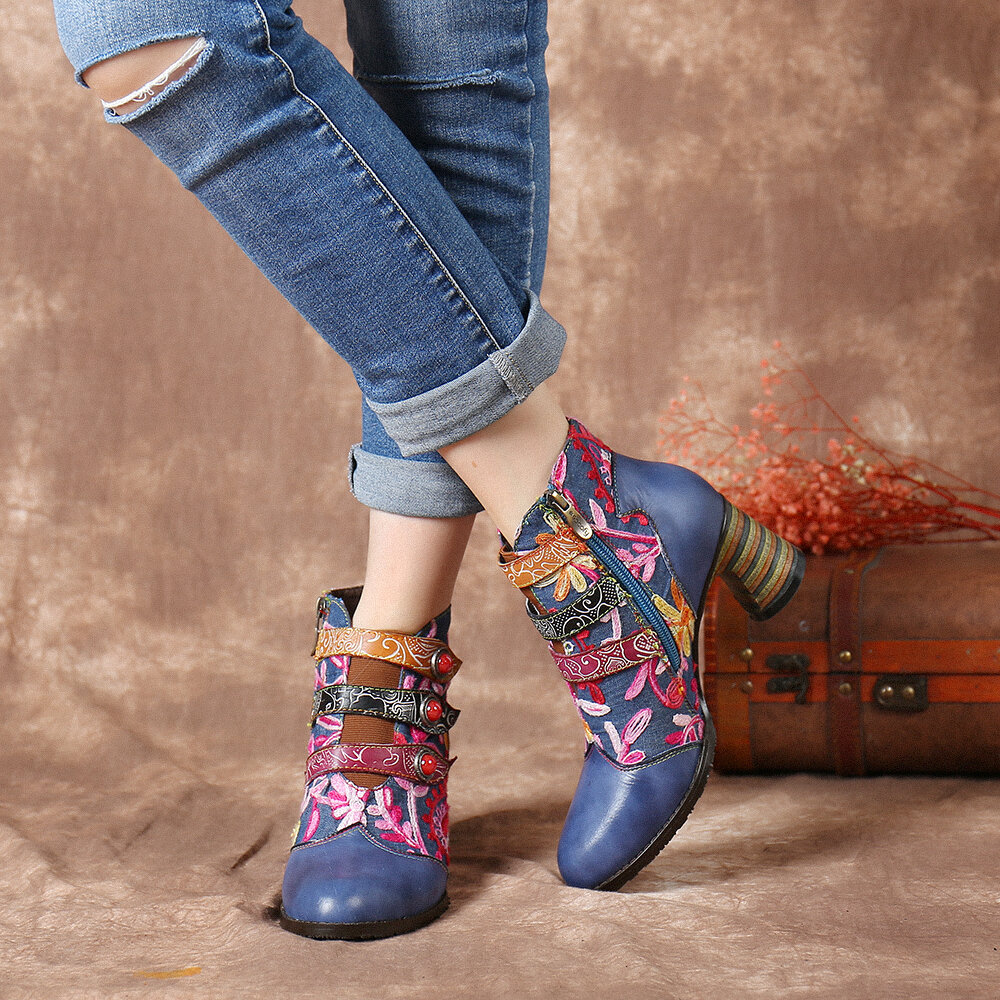 
	SOCOFY Flowers Embroidery Splicing Genuine Leather Wearable Sole Chunky Heel Ankle Boots