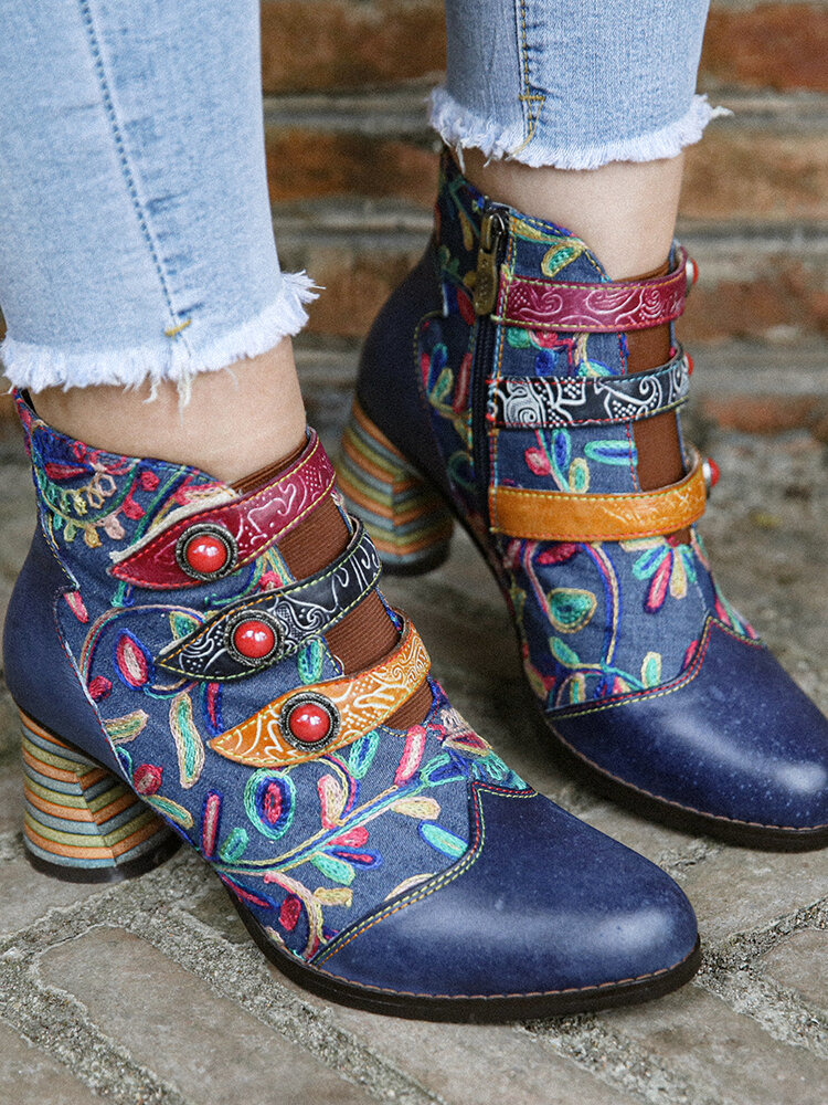 
	SOCOFY Flowers Embroidery Splicing Genuine Leather Wearable Sole Chunky Heel Ankle Boots