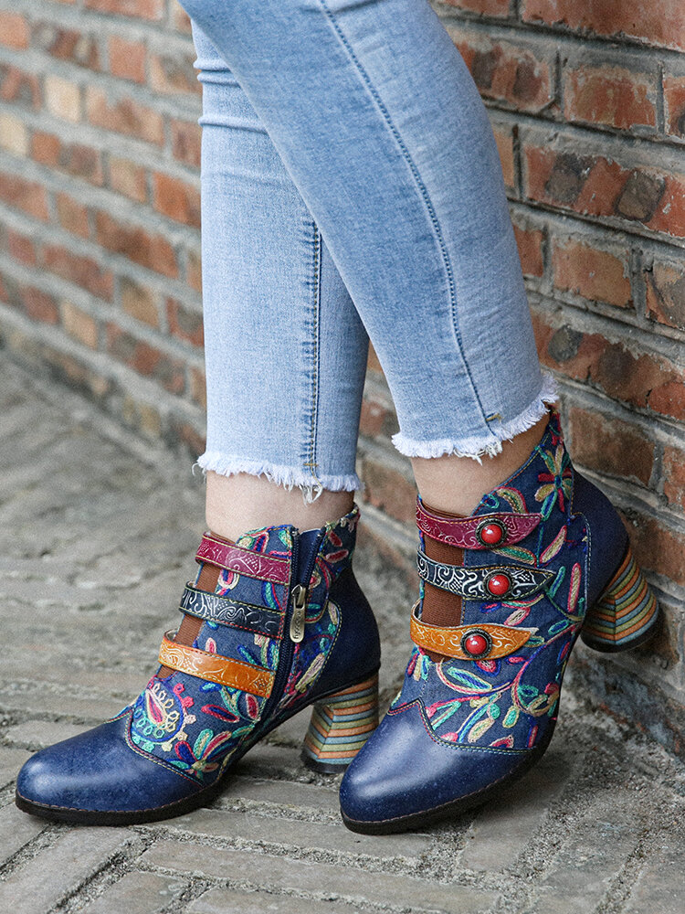 
	SOCOFY Flowers Embroidery Splicing Genuine Leather Wearable Sole Chunky Heel Ankle Boots