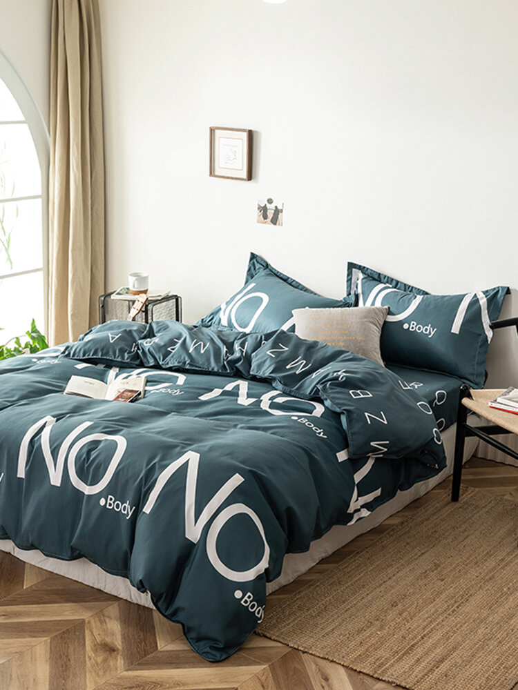 
	3/4 Pcs Letters Print Solid Color Aloe Cotton Comfy Bedding Set Sheet Duvet Cover Pillowcase