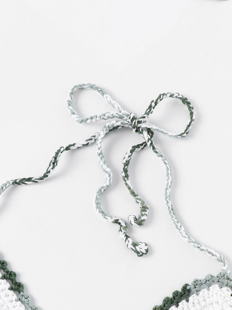 
	Knit Crochet Open Back Halter Tassel Bohemian Crop Top